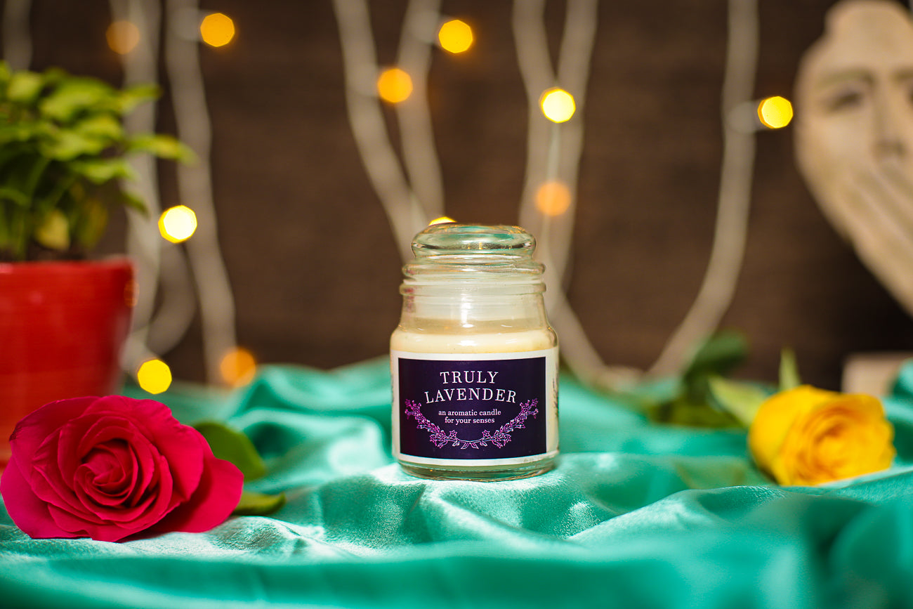 A hand-poured Lavender Aroma Candle, crafted with natural soy wax and essential oils