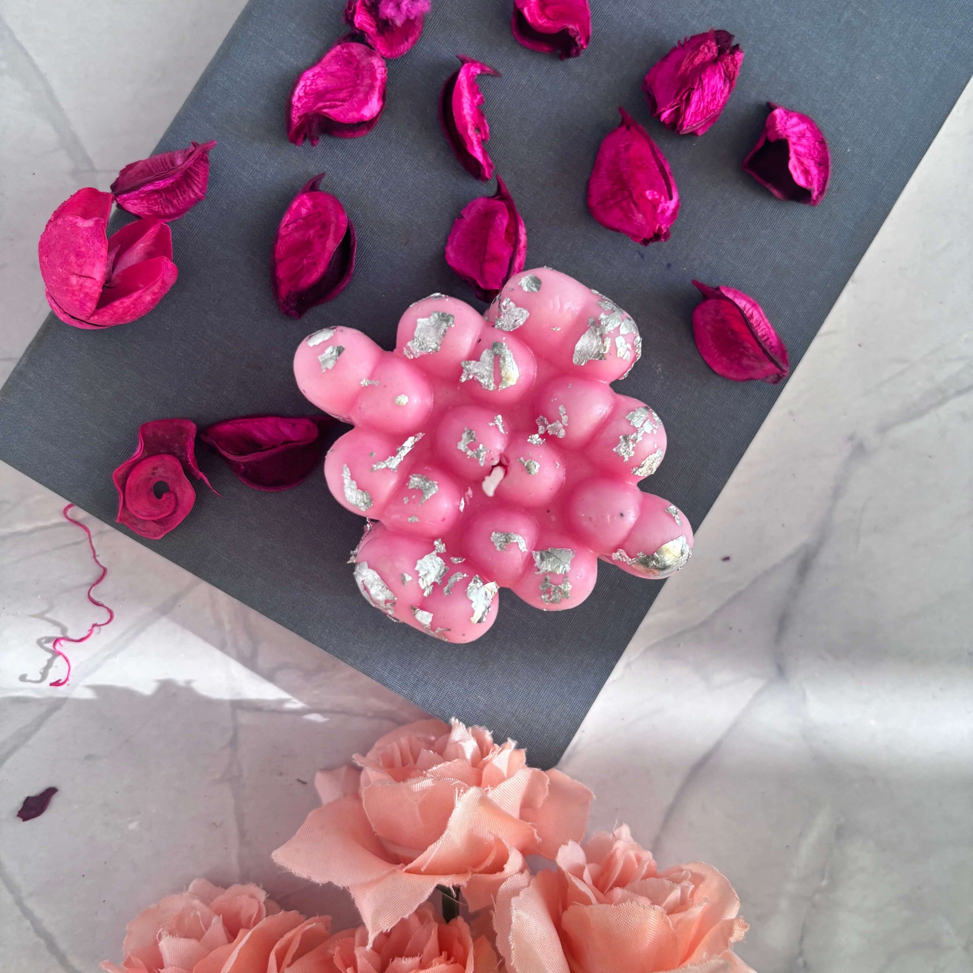 Handmade heart bubble candle with a modern aesthetic