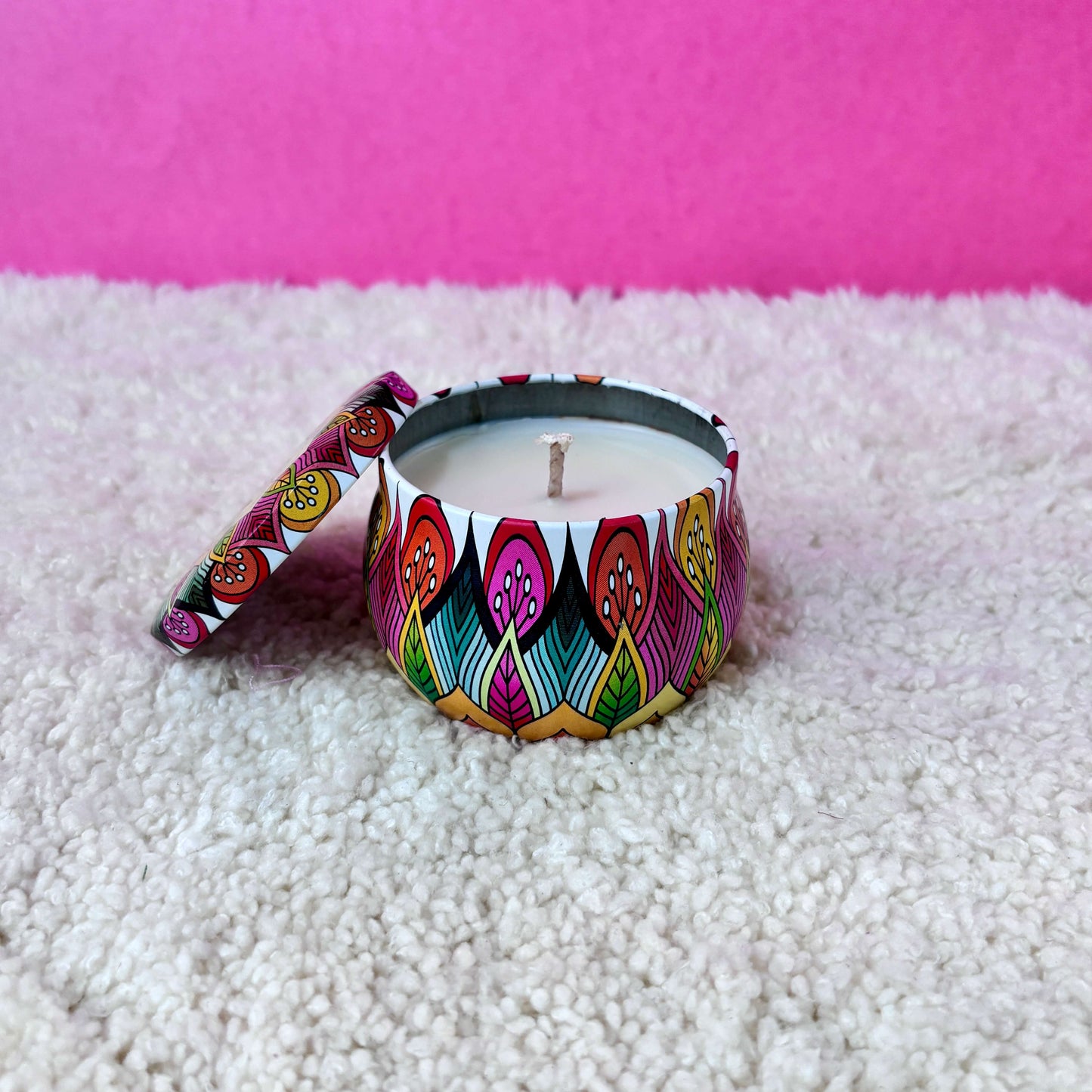 Hand-painted Mandala Illume Candle, adding charm to a bohemian decor