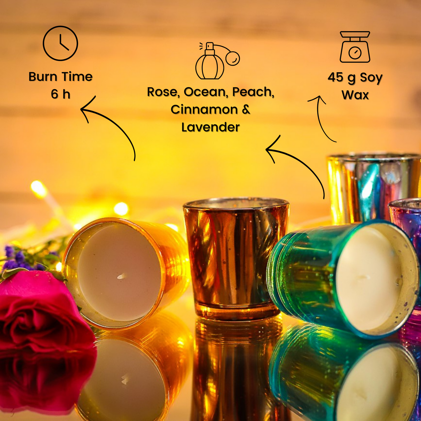 A glowing votive candle in a metallic holder, creating a cozy reflection