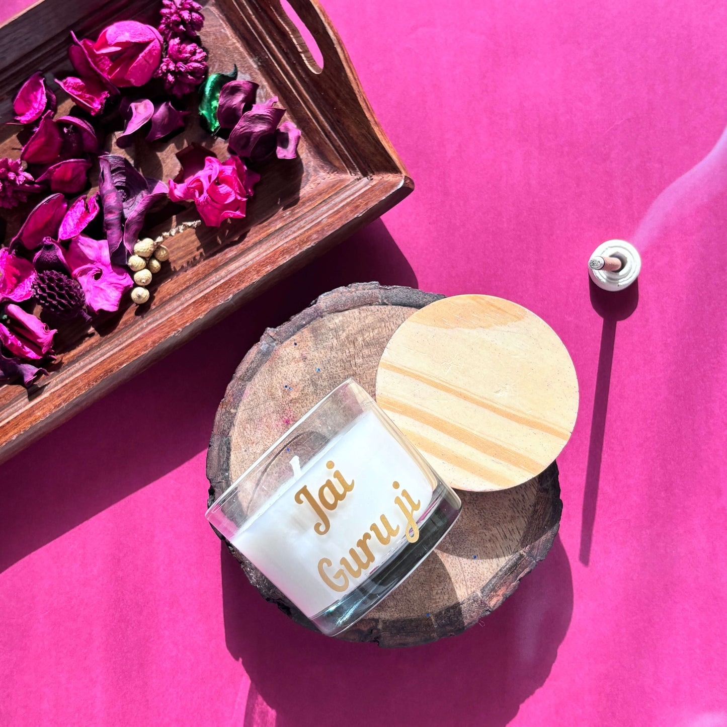 Handcrafted Guruji Candle with a smooth wooden lid, adding a rustic charm