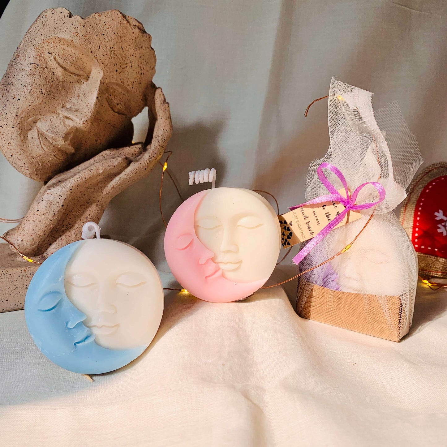 Scented moon candle with a soft glow, perfect for night-time rituals, self-care, and celestial decor themes