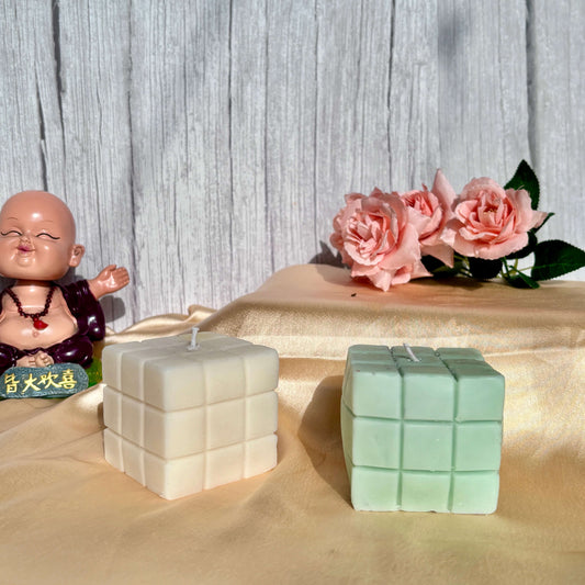 Handcrafted Rubik’s cube-inspired bubble candle made from eco-friendly soy wax